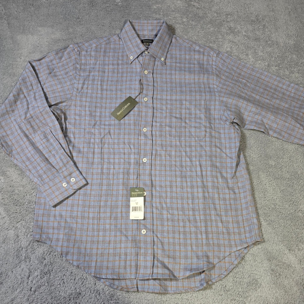 Henry Cotton's Mens Medium Button Down Shirt Blue Plaid Long Sleeve 144051 NEW